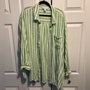 Old Navy The Boyfriend Linen Blend Green and White Button Down Shirt